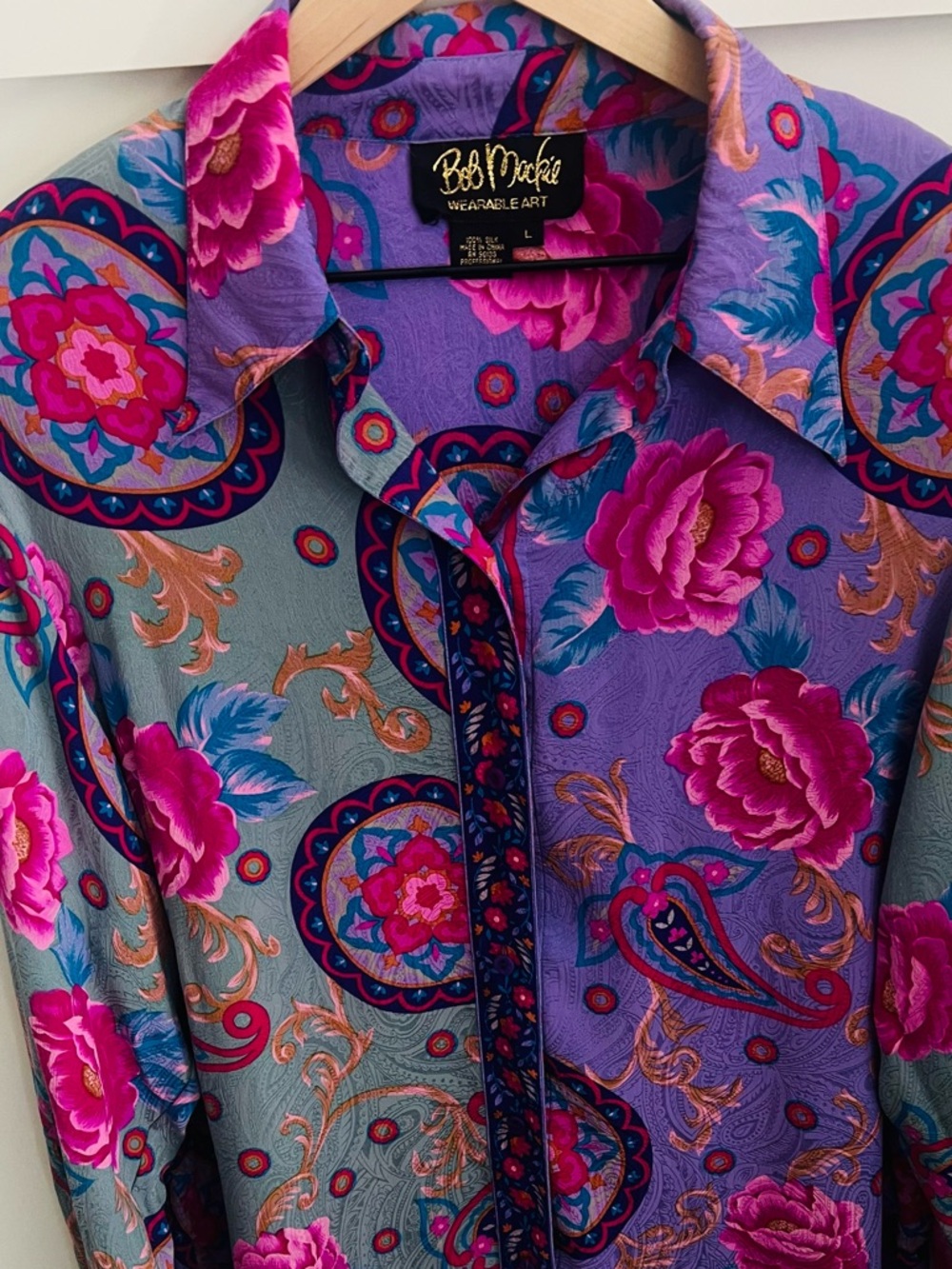 Bob Mackie Wearable Art Silk Blouse Large Purple Paisley Floral Button Front Top - Picture 2 of 10